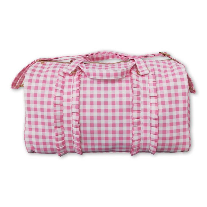 Pink plaid ruffle women duffel bag for wholesale by Yawoo Garments