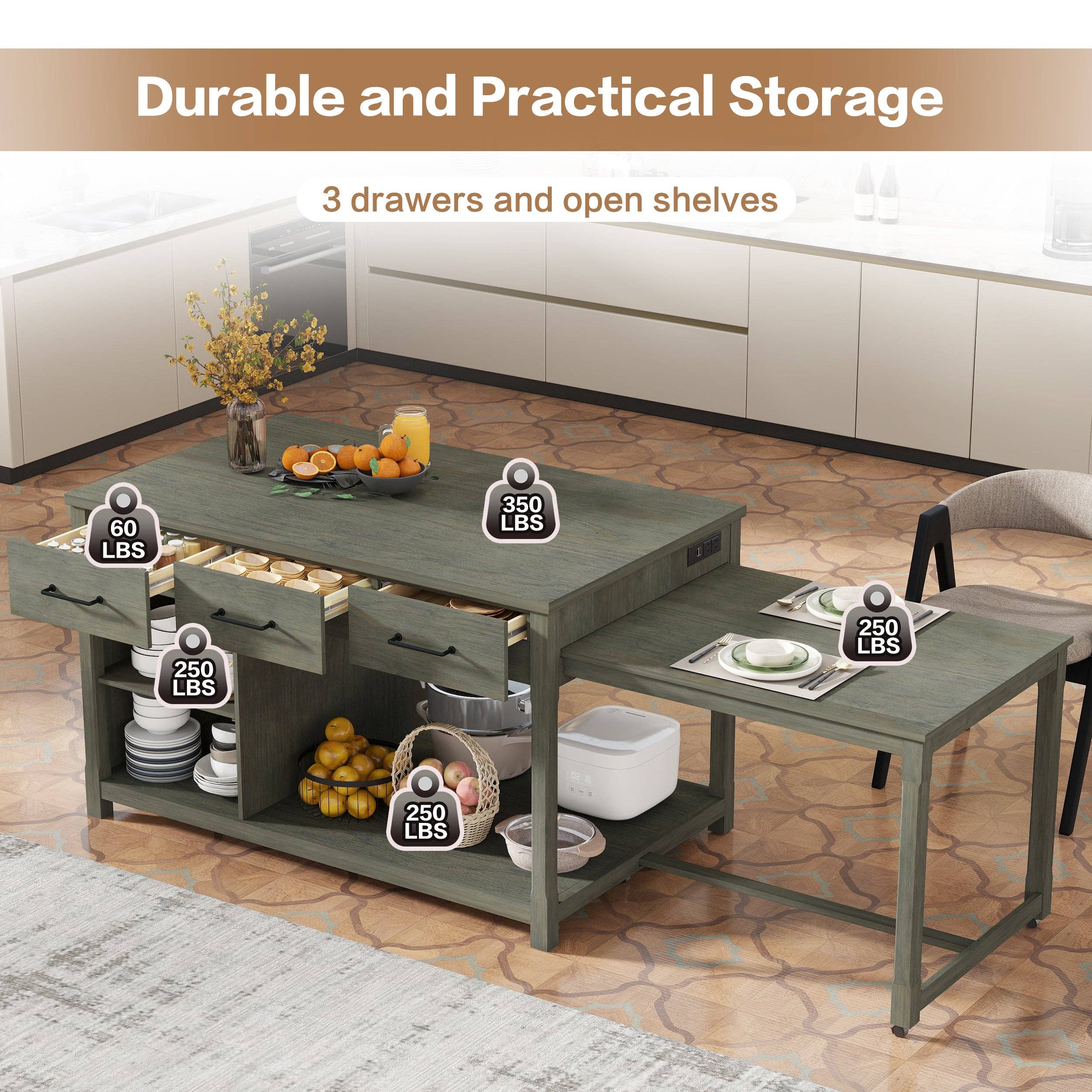 HOMYCASA DESIGN INC - Wholesale Kitchen Storage/Organizer - Extendable Kitchen Island with Power Outlets & Storage7