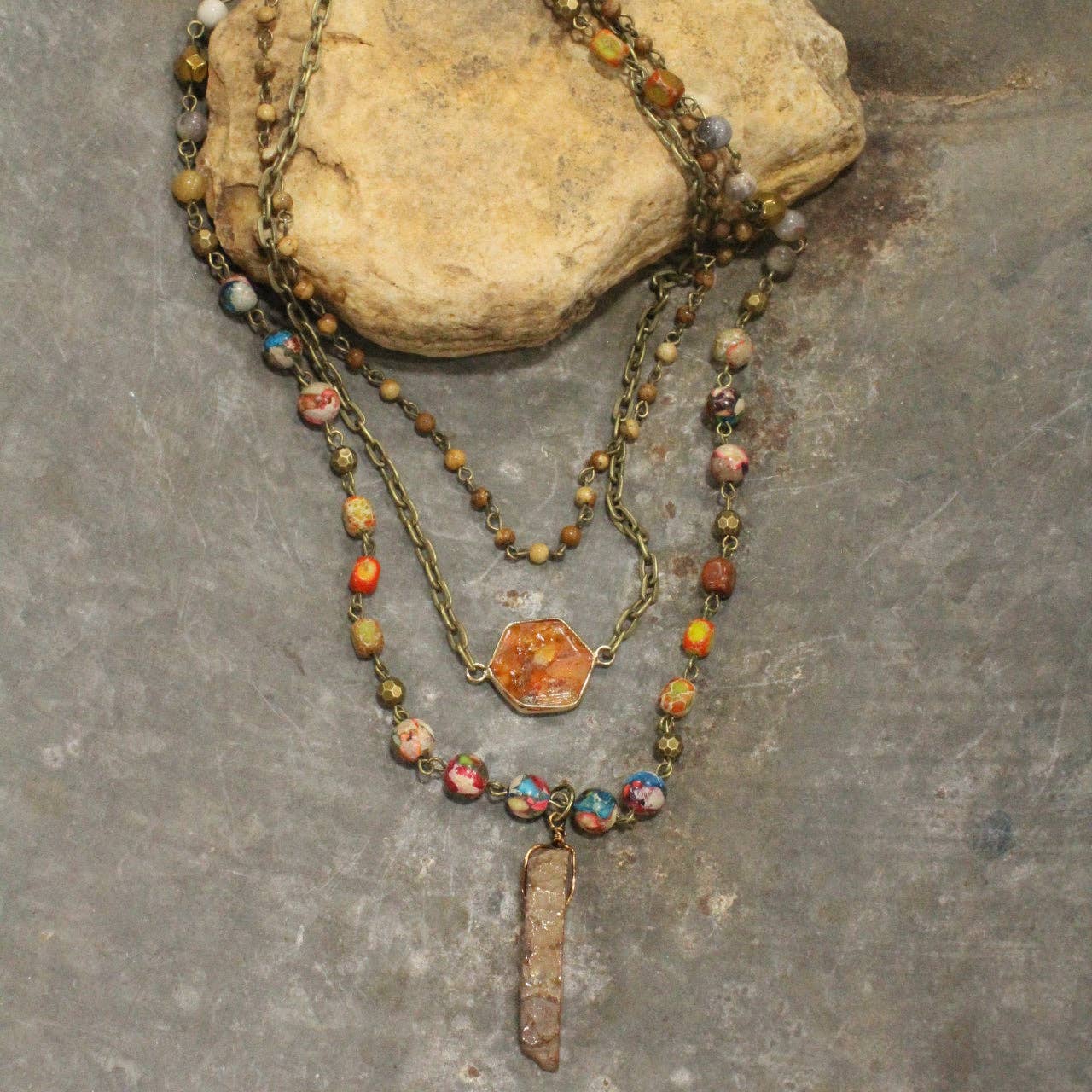 The Primitive Peddler, Inc. - Wholesale Pendant/Charm Necklace - Bohemian Layered Rusty Orange Stone & Crystal Necklace3