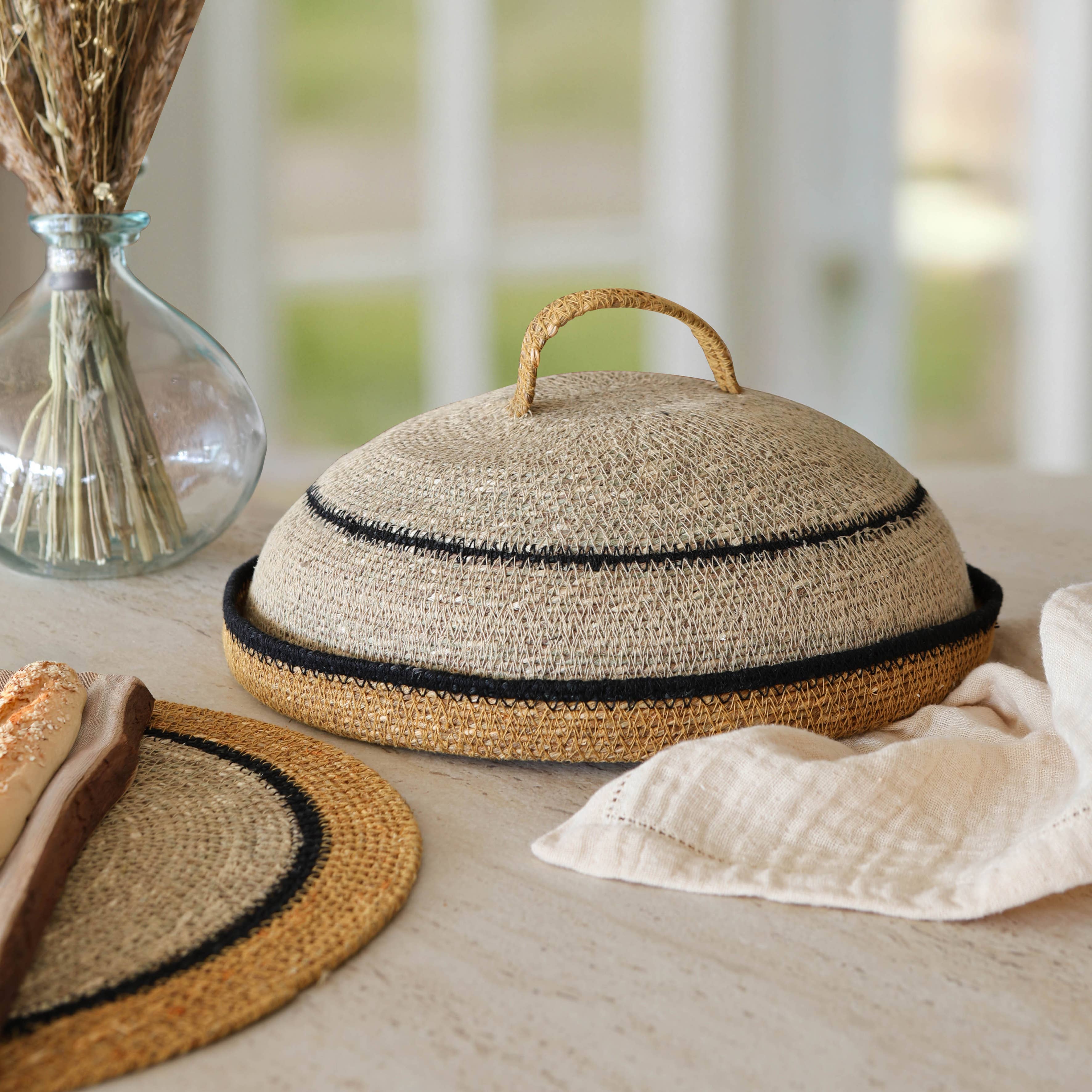 Now's Home - Wholesale Basket - Basket with bell 33cm in natural/saffron seagrass DUNE