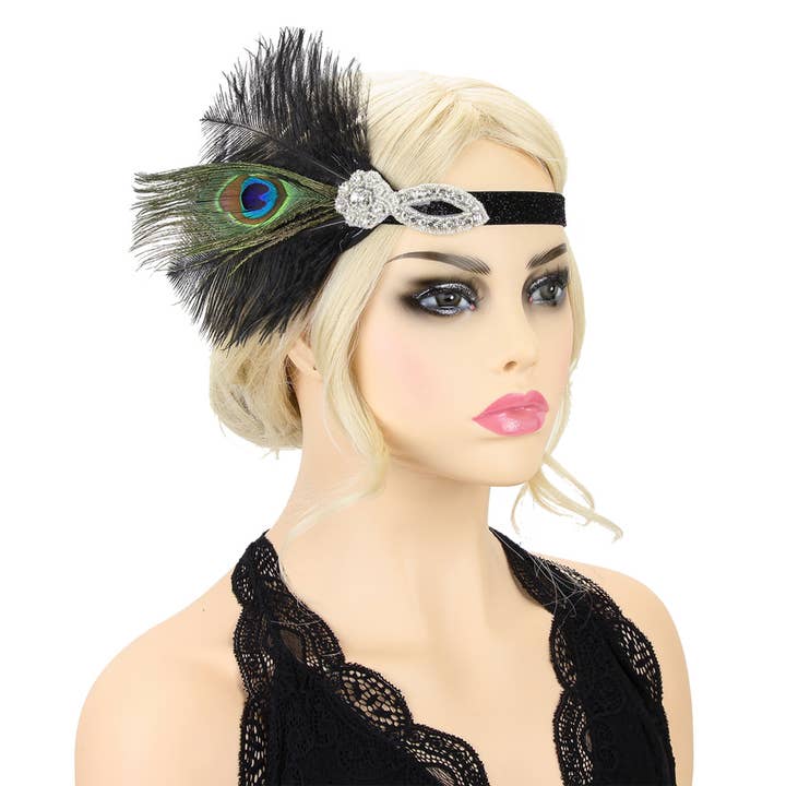 bk Peacock Feather Flapper 20s Gatsby Headband GAS10658 for wholesale on Faire