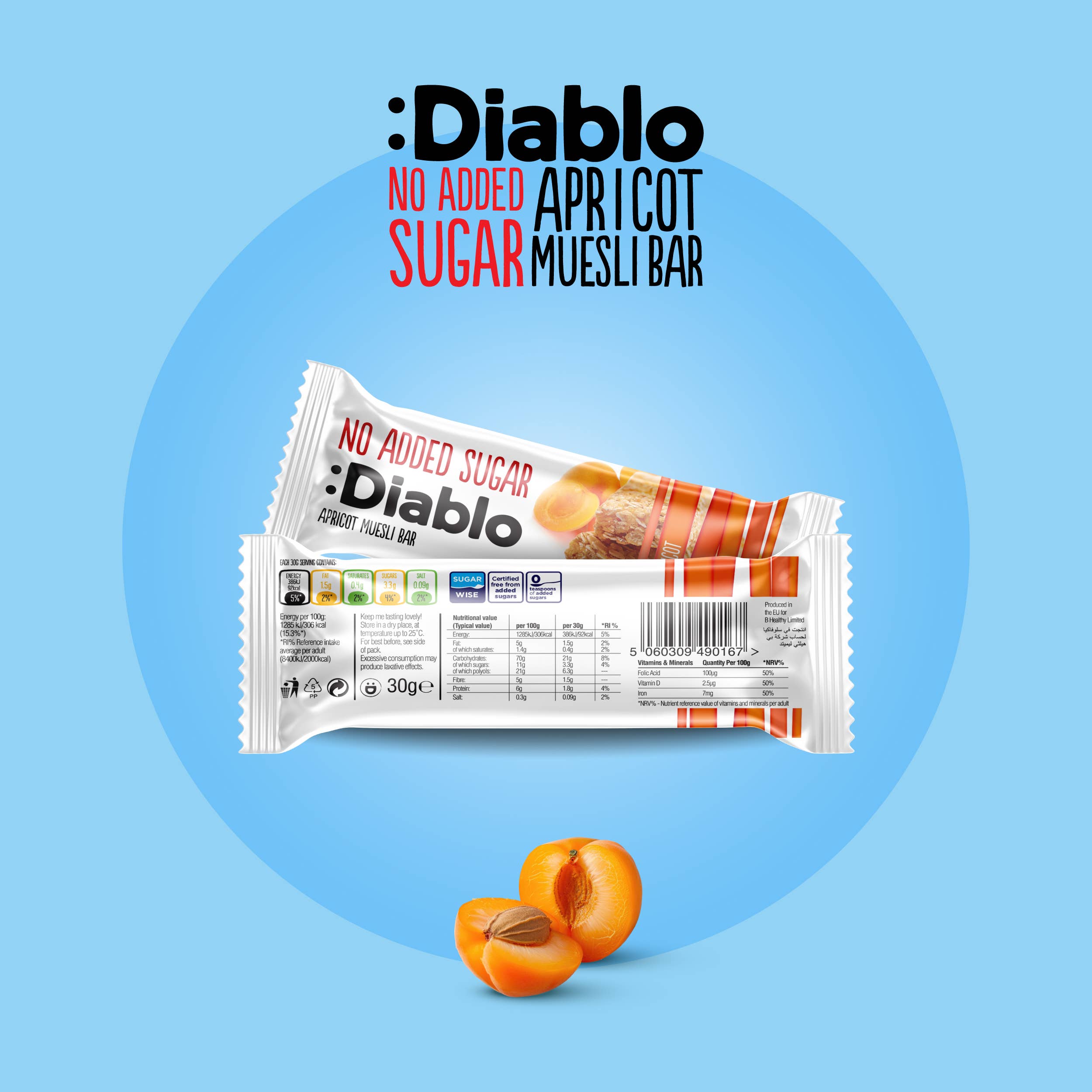 Diablo Sugar Free - Vente Barres de céréales - :Barre de muesli aux abricots Diablo 30 gr1