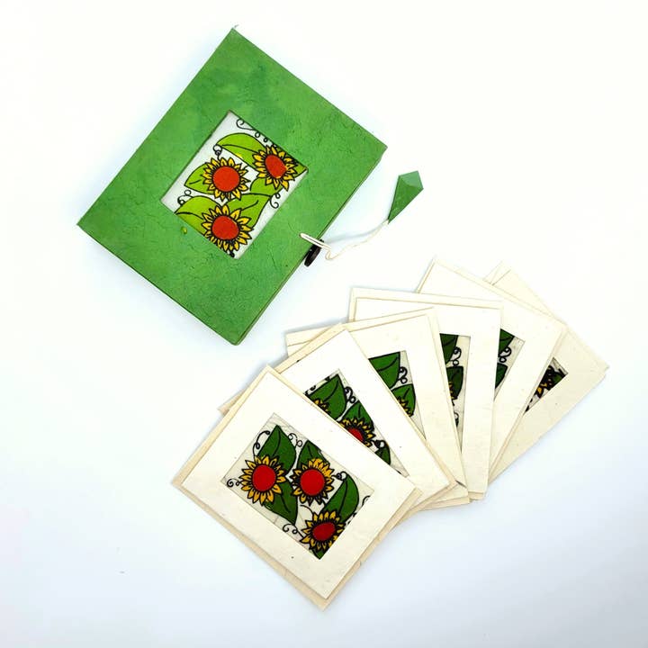 Sunflower Batik Mini Paper Mache Box with Mini Gift Cards Set for wholesale by Eclectic Woodchuck