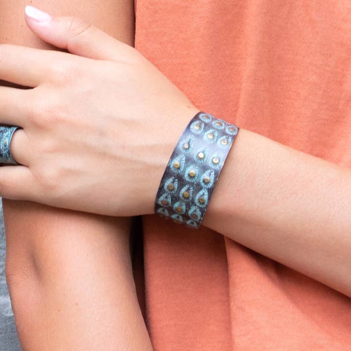 Anju Jewelry - Wholesale Cuff Bracelet - Brass Patina Bracelet - Aqua on Brown Teardrops and Dots1