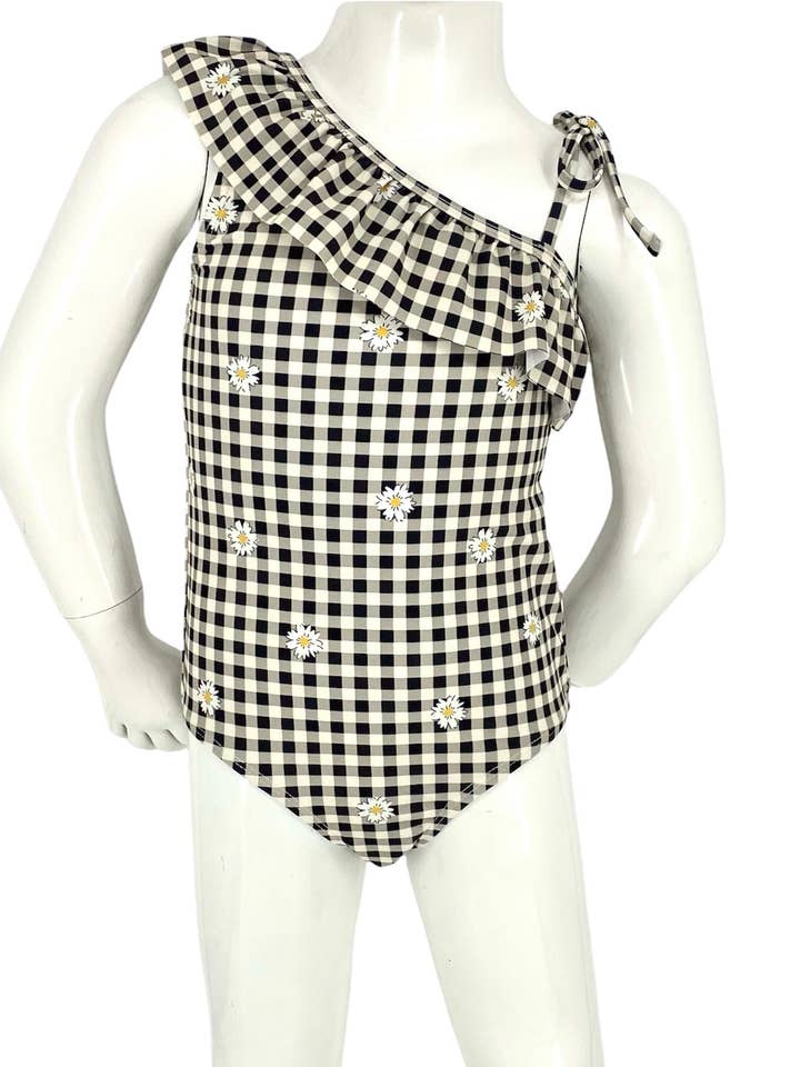 Girls 1 pc off-the-shoulder with ruffles - Gingham Daisy Blk for wholesale by MARINA WEST SWIM