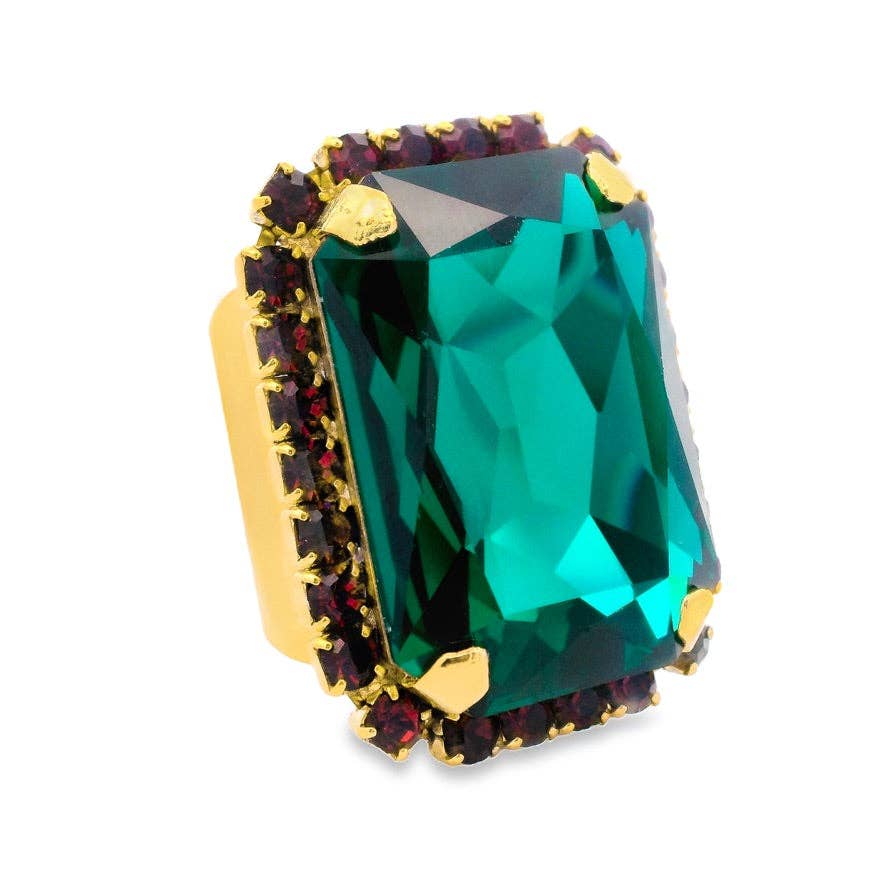 TOVA - Wholesale Cocktail/Statement Ring - Mini Soleil Ring with Trim in Emerald1
