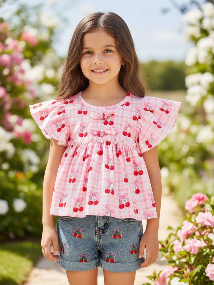 Cherry on pink gingham tunic & denim shorts. OFG60366 AMY for wholesale by Kids Charm Online