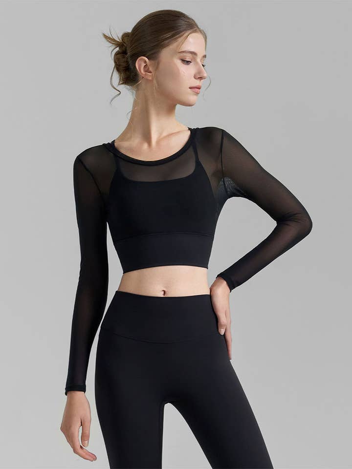 Crave by FW - Wholesale Athletic Top - Women's - Mesh Long Sleeve Crop Tops V-shaped Cutout Back Yoga T-Shirt8