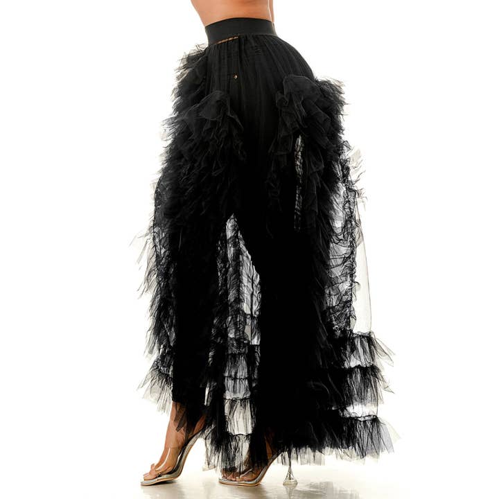 DORCAS - Wholesale Skirt - Women's - Plus Size Sheer Front Slit Ruffle Cover-Up Midi Skirt