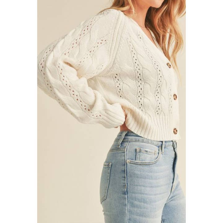 Timeless - Wholesale Cardigan - Women's - Cable Knit Pointelle V Neck Sweater Cardigan