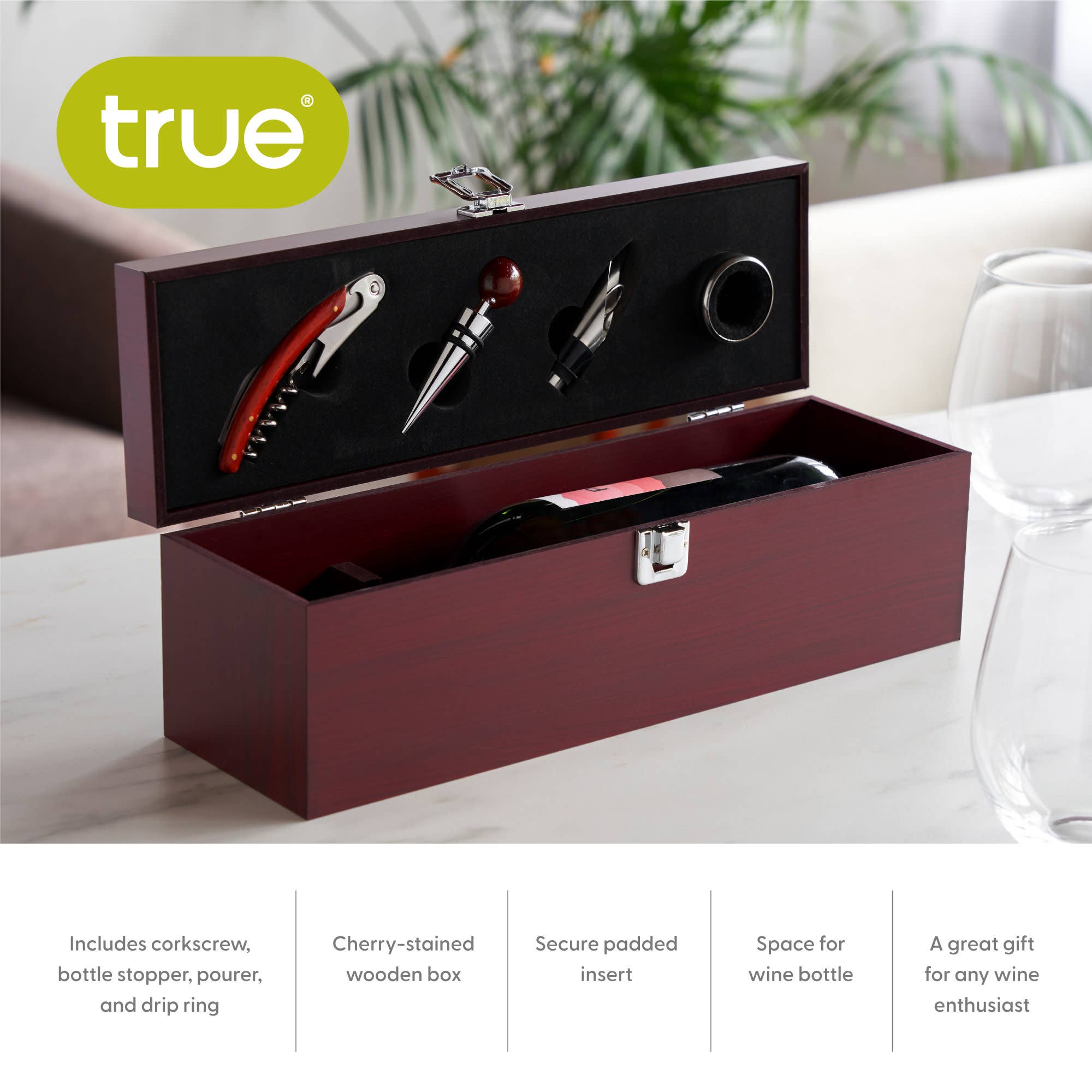 TRUE - Wholesale Wine Tool Set - Cherry Padded Wooden 1 Bottle Gift Box with 4 Wine Tools3