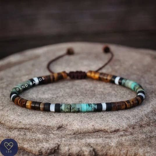 African Turquoise with Tiger Eye Minimalist Bracelet, Adjustable 4mm Beaded Bracelet, Tibetan Bracelet, Natural Stone Bracelet, Yoga, Boho for wholesale by LND Bands