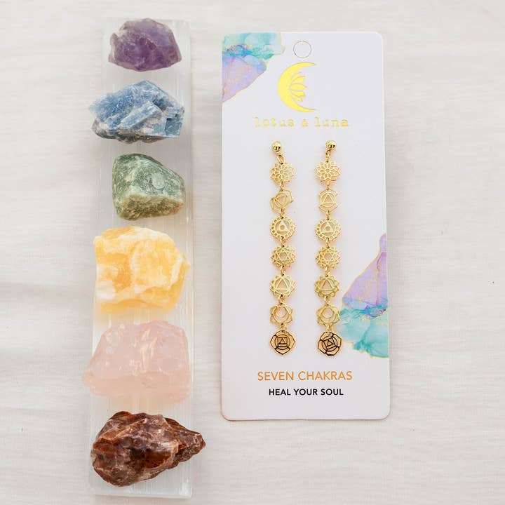Lotus and Luna - Wholesale Dangle Earrings - Gold Seven Chakra Drop Earrings3