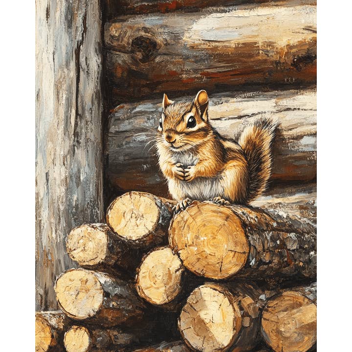 Mowbi - Wholesale Art Print - Chipmunk on Woodpile - Log Cabin Companions Wall Art Prints – 8″x10″ Artwork for 11″x14″ Frame