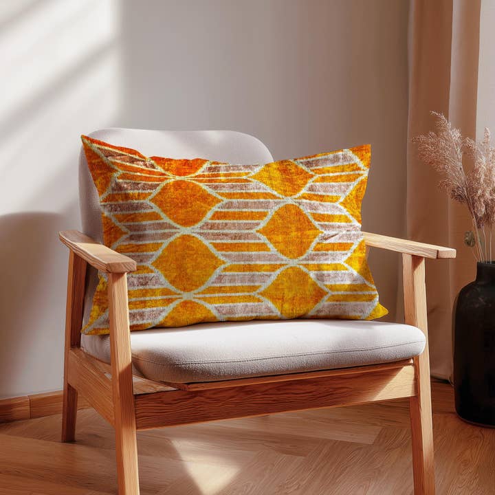Golden Orange Ikat Velvet Silk Blend Geometric Pillow Cover for wholesale by Samarra Home