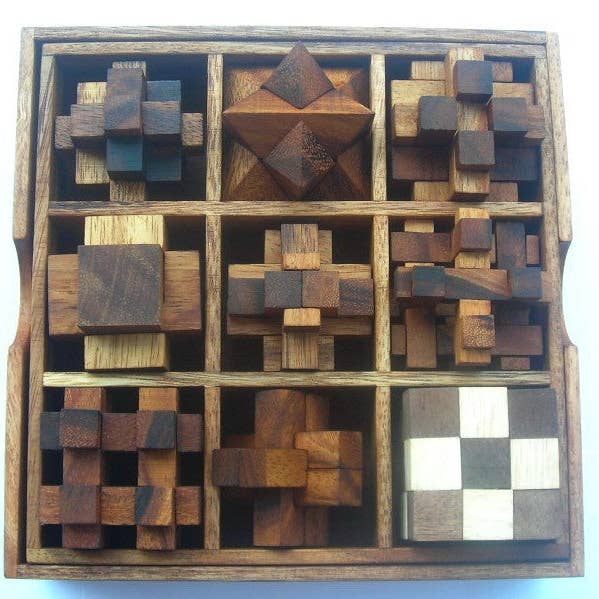 Brain teaser wood puzzle gift box - 9 hand made mechanical p for wholesale by funyards