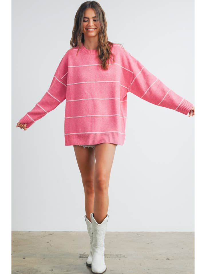 BUTTERMELON - Wholesale Knitted jumper – Women′s - Striped Pattern Drop Shoulder Sweater - BMW742134