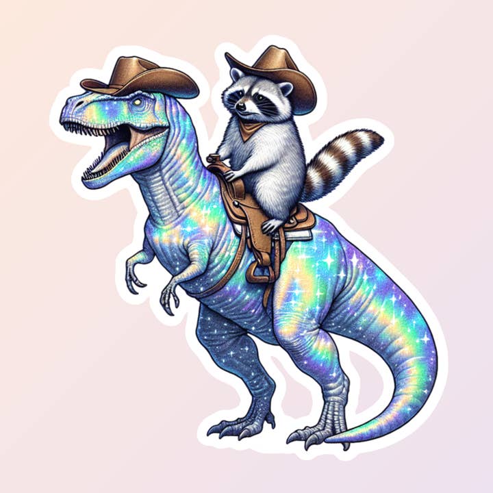 Funny Raccoon Cowboy Stickers, Dinosaur Stickers, Quirky for wholesale by Sorry Not Sorry Co
