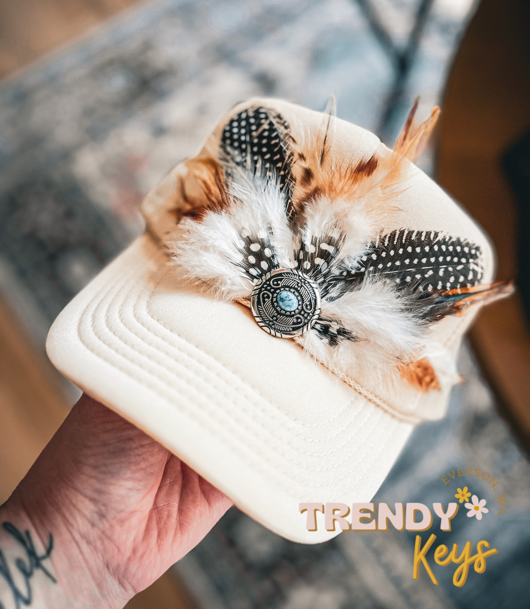 TrendyKeys – wholesale Trucker hat – Women’s – Feather Trucker Hat, Handmade, Unique, One of a Kind4