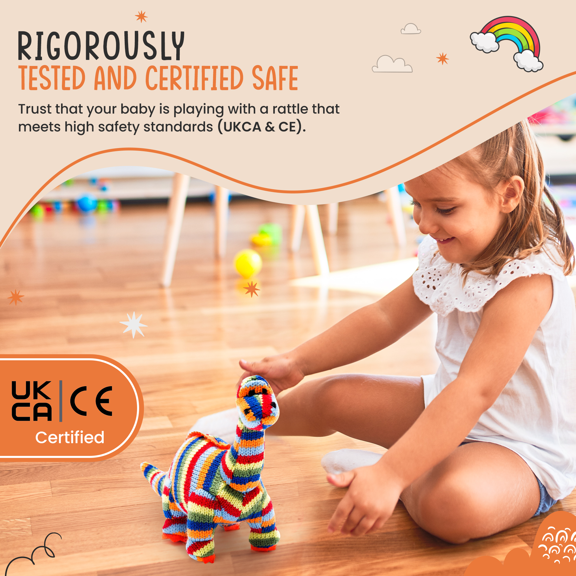 Best Years Ltd – wholesale Handheld rattle – Baby – Knitted Diplodocus Dinosaur Baby Rattle in Rainbow Stripes4