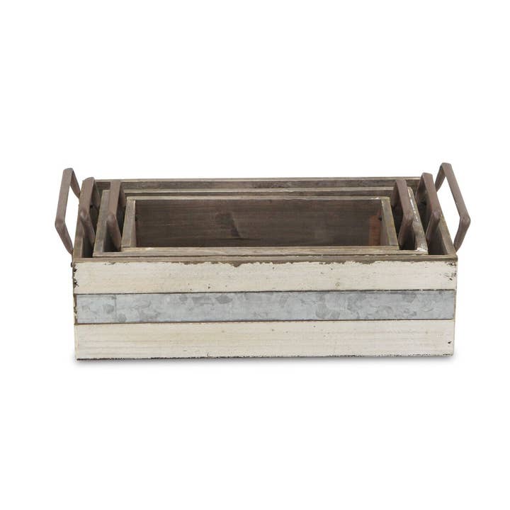Cheungs Home Decor - Vendita all'ingrosso Scatole decorative - Weston, set di 3 casse rustiche in legno bianco con accenti metallici