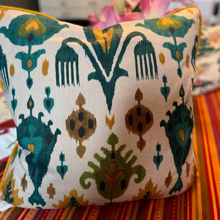 Green Gold Ikat Velvet Decorative Pillow Cover for wholesale by The Bazaar Rabbit