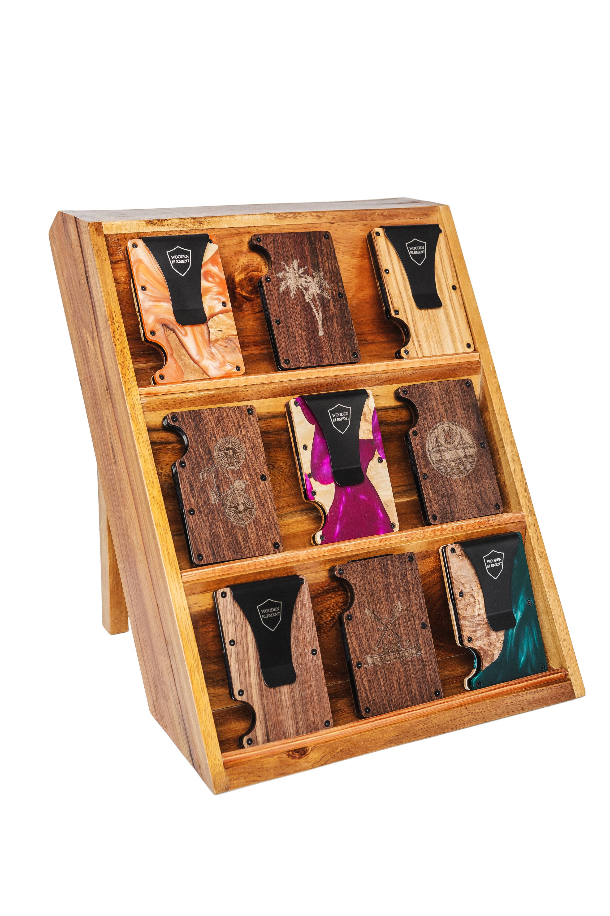 Wooden Element - Vente Présentoir – accessoires - Présentoir à portefeuilles avec 24 portefeuilles en bois et résine1