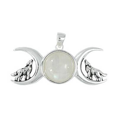 925 Silver Rainbow Moonstone Triple Moon Wolf Pendant (USA-DDP) for wholesale by Silver Jewellery Cavern Wholesale