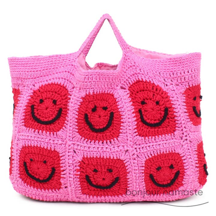 Handwoven Pink Wool Tote with Red Smileys for wholesale by Bonjour Namaste