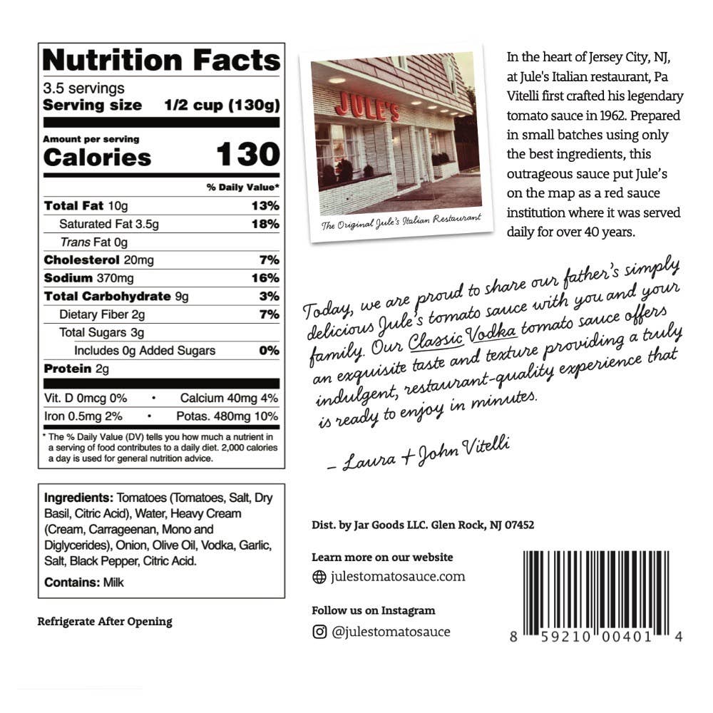 Jule's Tomato Sauce - Wholesale Pasta Sauce - Classic Vodka Sauce1