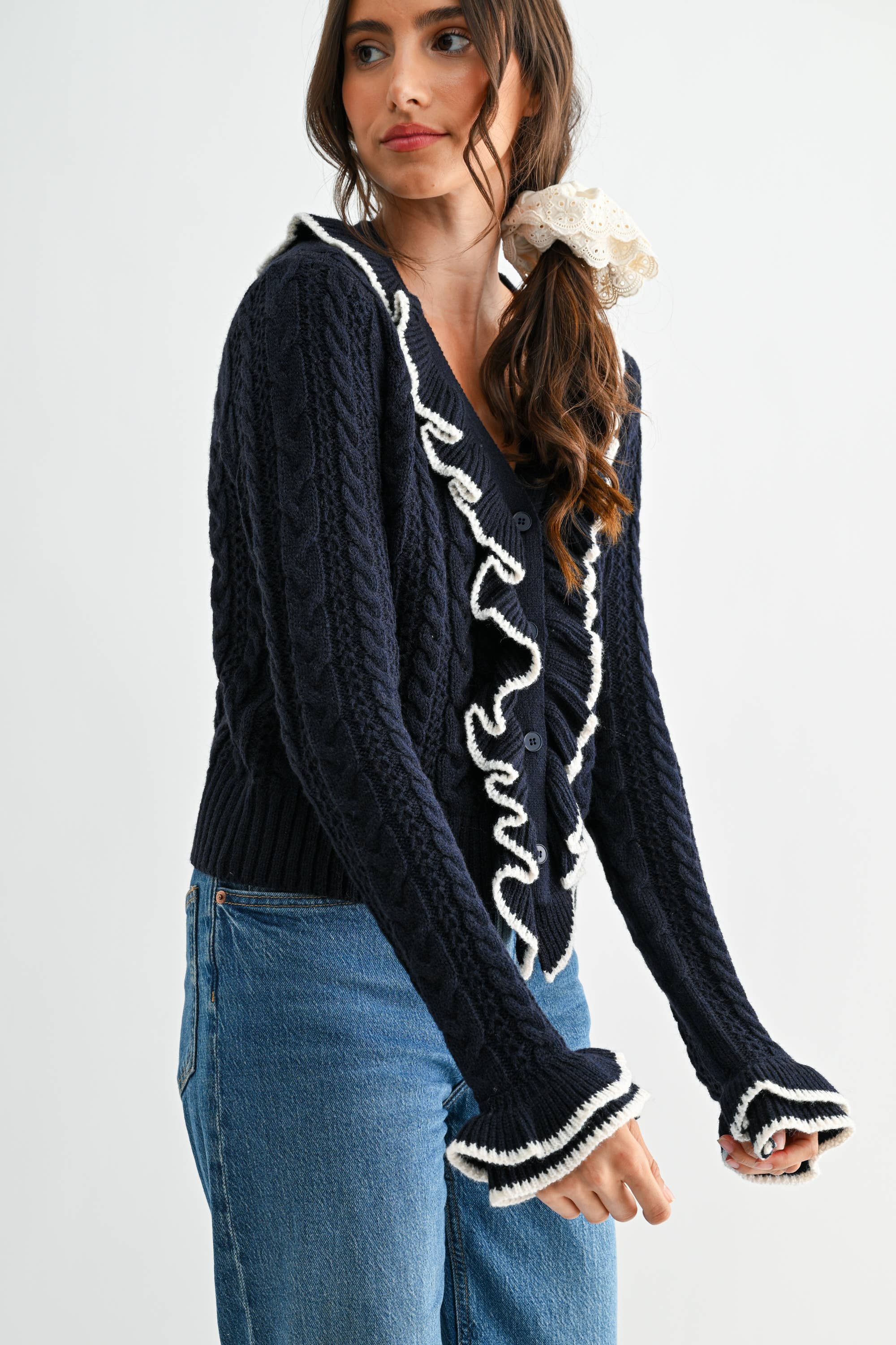 Camellia - Wholesale Cardigan - Women's - STYLIESH BLUE RUFFLED CARDIGAN15