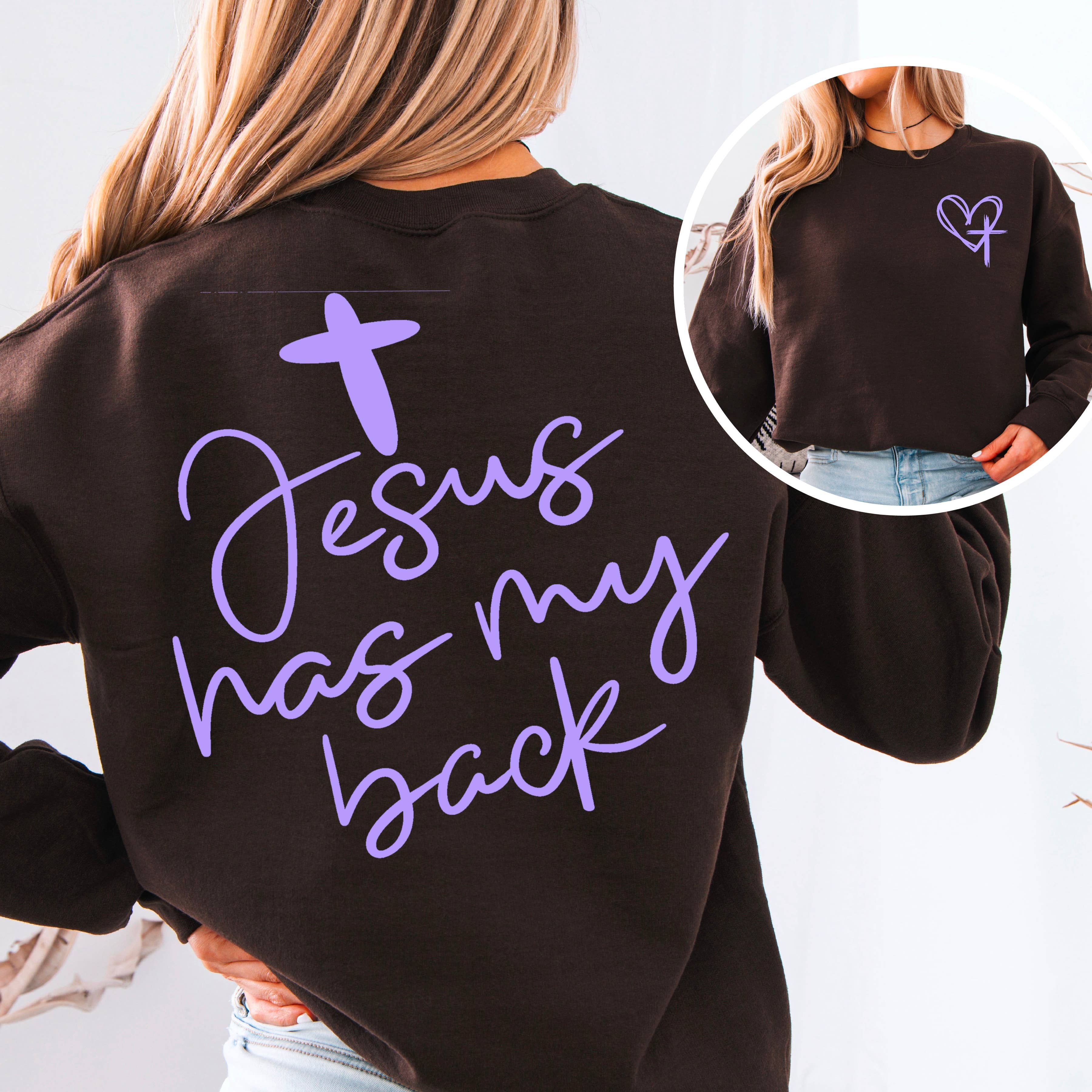 Shoppe SHC - Wholesale Graphic Sweatshirt - Women's - Jesus Has My Back  Screen Print Sweatshirt  5