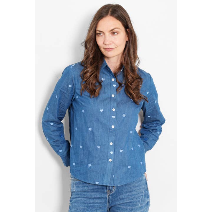 Dixie Long Sleeve Cotton Shirt - Denim Blue, Hearts for wholesale by Sarta