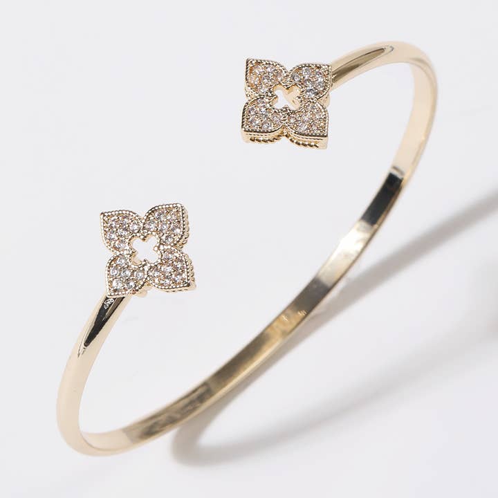 G CZ Four Leaf Clover Gold Plated Cuff Bangle for wholesale on Faire
