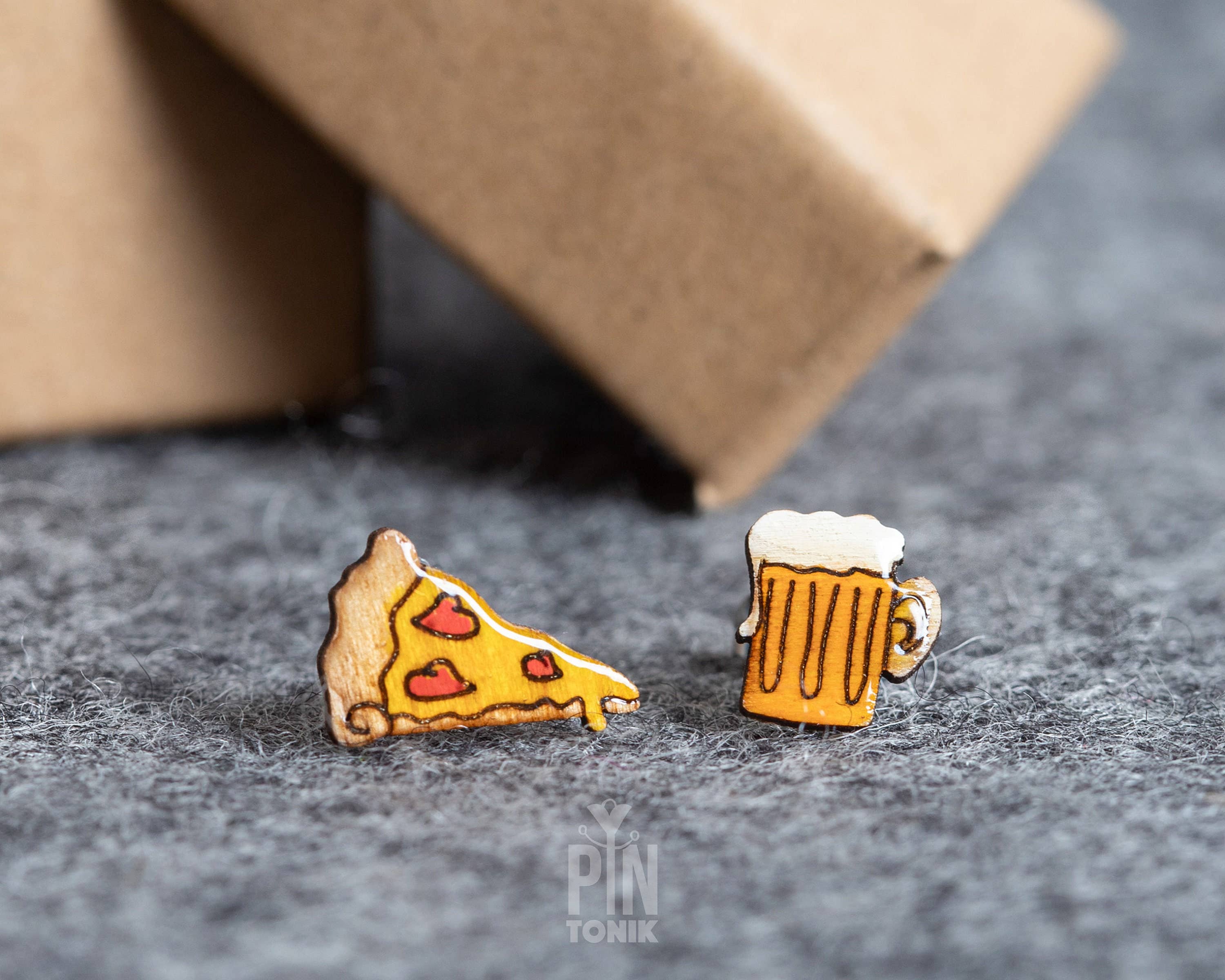 PinTonik - Wholesale Stud/Post Earrings - Quirky Pizza and Beer Stud Earrings - Octoberfest Gifts0