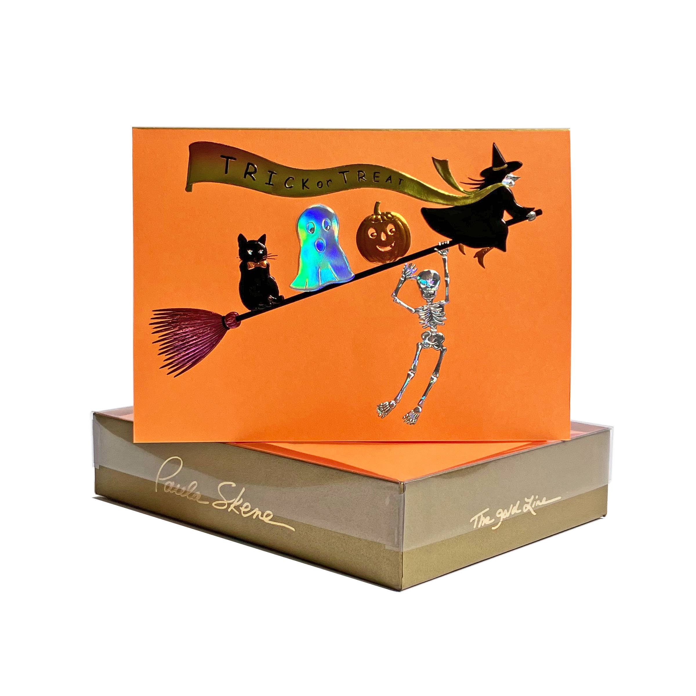 PAULA SKENE DESIGNS - Venta al por mayor Tarjetas de Halloween - Esqueleto colgado en tarjeta de Halloween naranja0