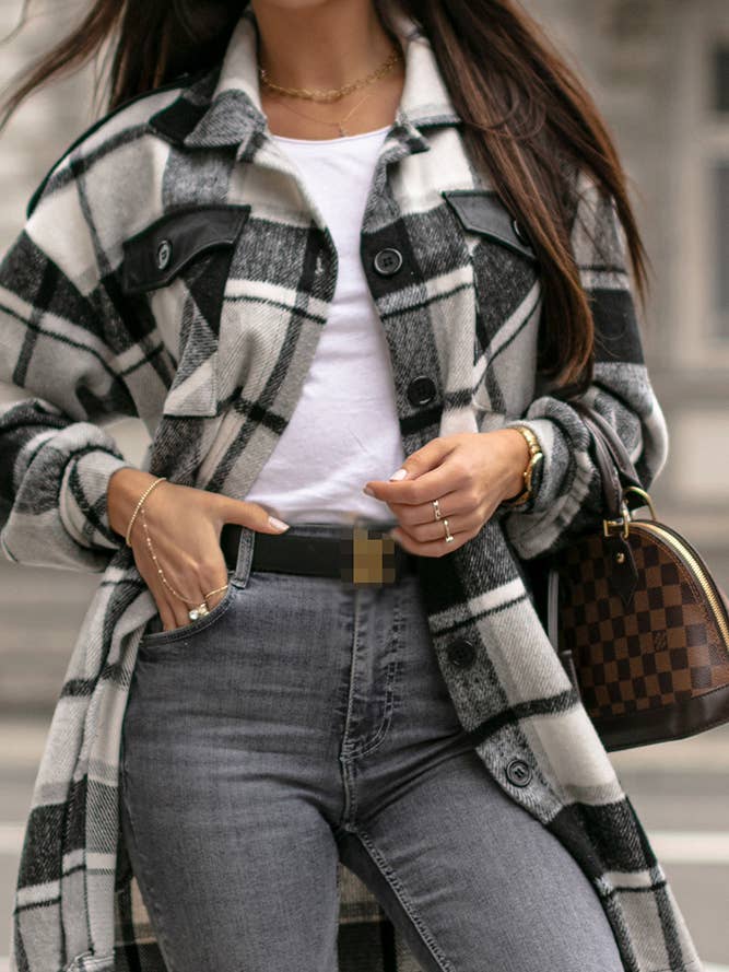 Cappotto Shacket in pile scozzese donna TOPW1145 per la vendita all'ingrosso da parte di UNISHE