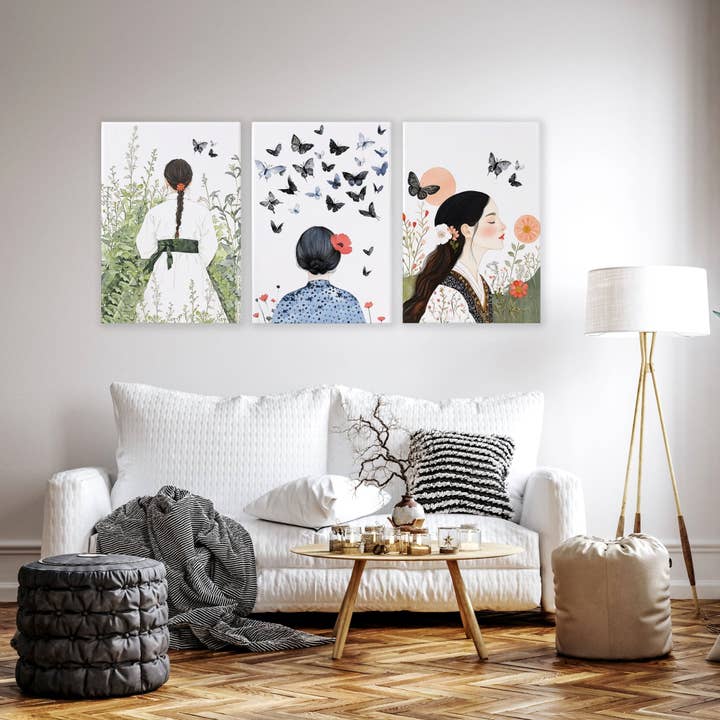 Canvas Pictures For Living Room | Set of 3 Boho Women Wall art Prints for wholesale by About Wall Art