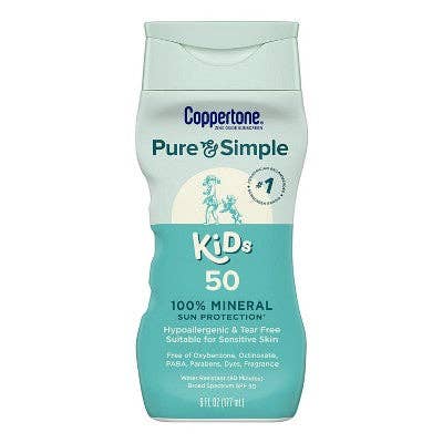 Coppertone Pure and Simple Kids Mineral Sunscreen Lotion SPF 50 6 fl oz - Imperfect Container for wholesale by This is Beauty