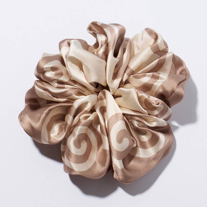 Meander Neutral Spiral Print 100% Silk Scrunchie for wholesale by WINONA IRENE