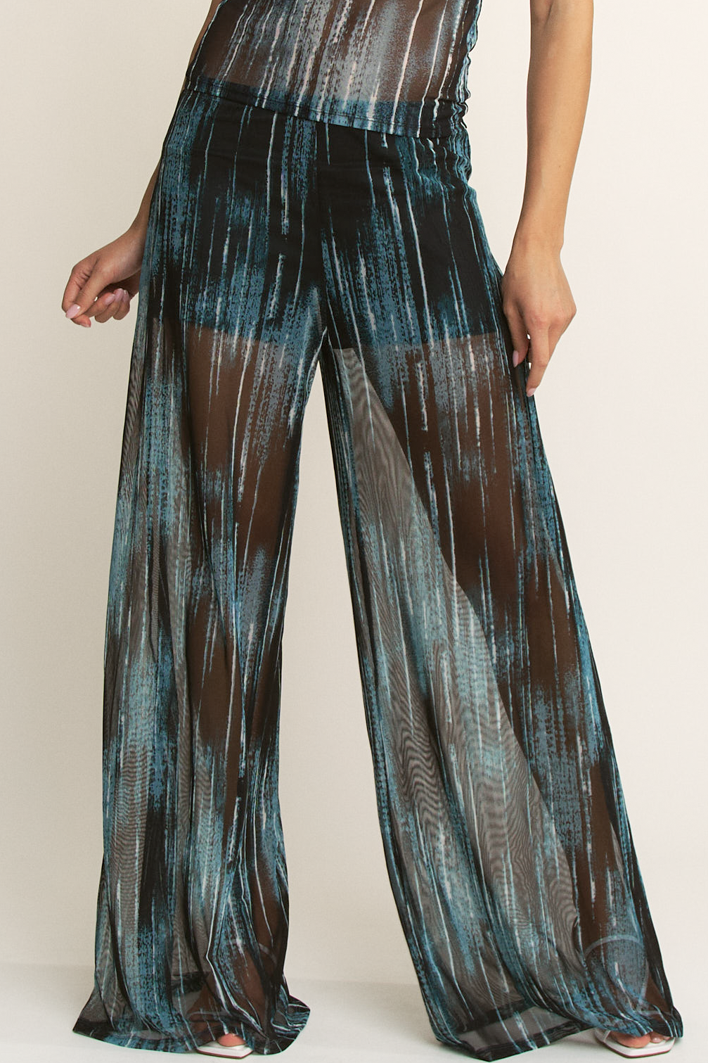 YNEZ - Wholesale Pants - Women's - Vibrant Stripe Print Sheer Wide Leg Cocktail Going Out Pant27