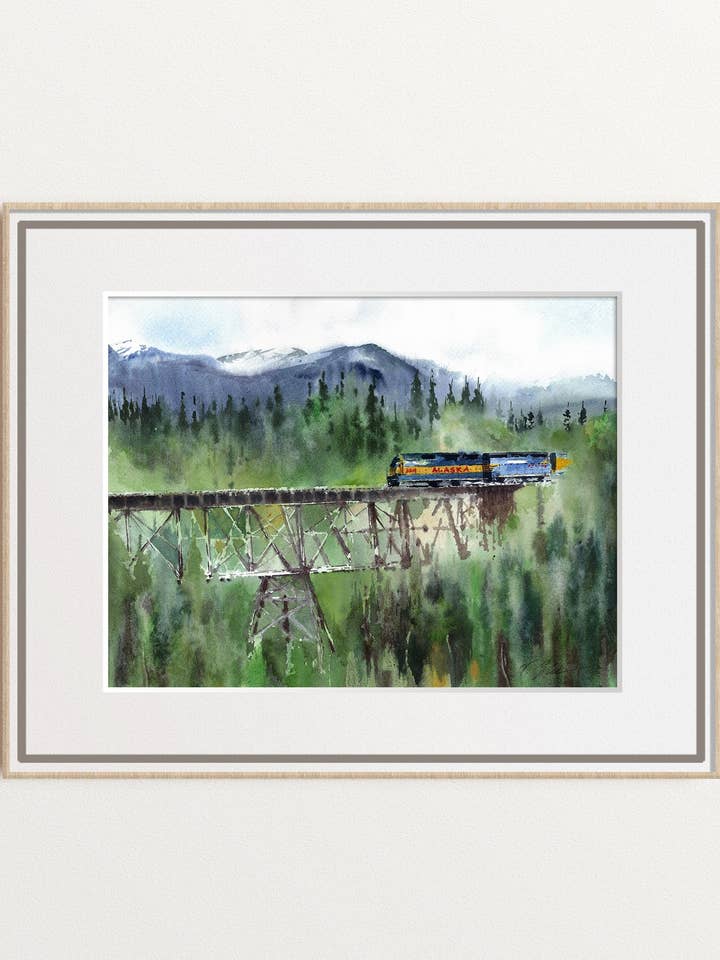 Alaska Landscape & Railroad Watercolor Art, Rustic Decor for wholesale by Yuliasheart