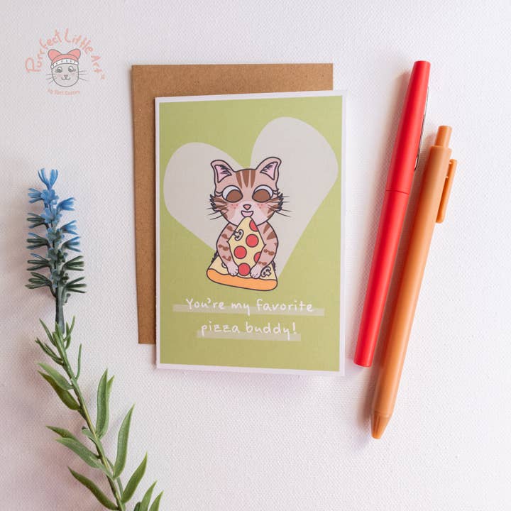 Pizza Buddy Cat Card | Funny Kitty | Cat Lover for wholesale by Purrfect Little Art