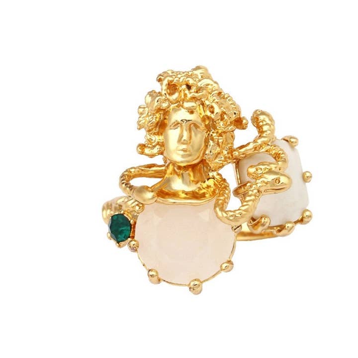 Bague ajustable à ouverture ajustable en forme de méduse incrustée de pierres précieuses en plaqué or exagéré pour la vente par Exsito