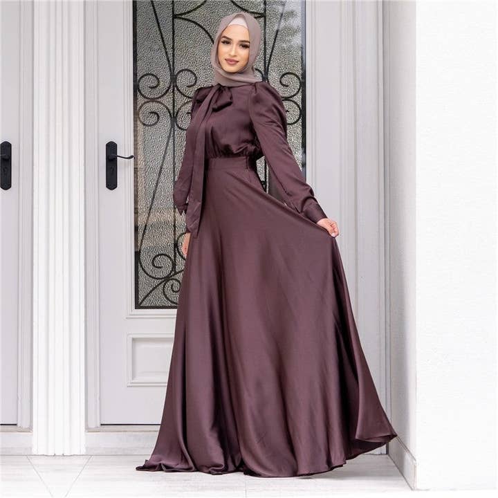 FurDecoration - Wholesale Dress - Women's - Solid Color Muslim Fashion Big Swing Satin Dress