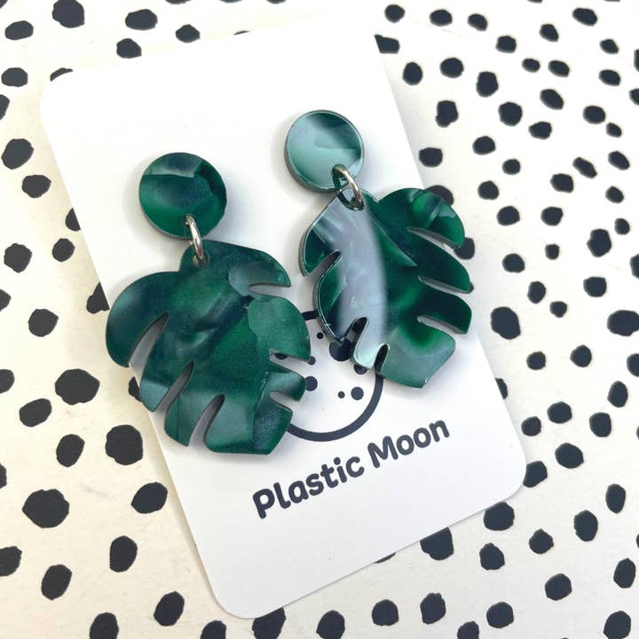 Emerald Green Pearloid Leaf Earrings for wholesale by Plastic Moon