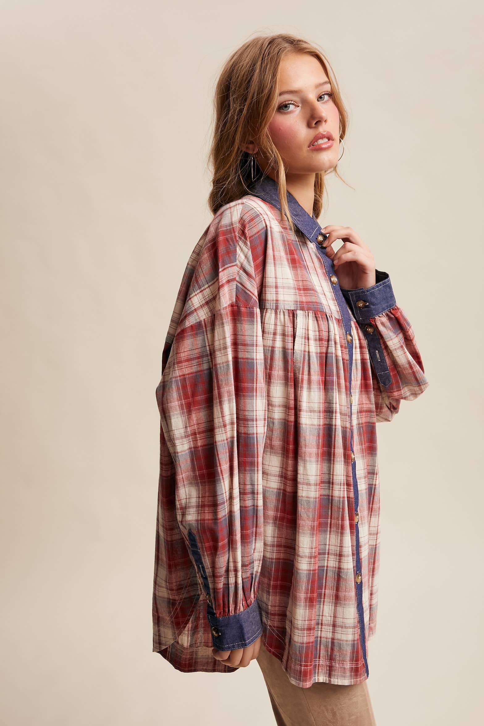 Listicle - Wholesale Button Down Shirt - Women's - Mixed Plaid Oversized Button-Down Shirt LJ020523