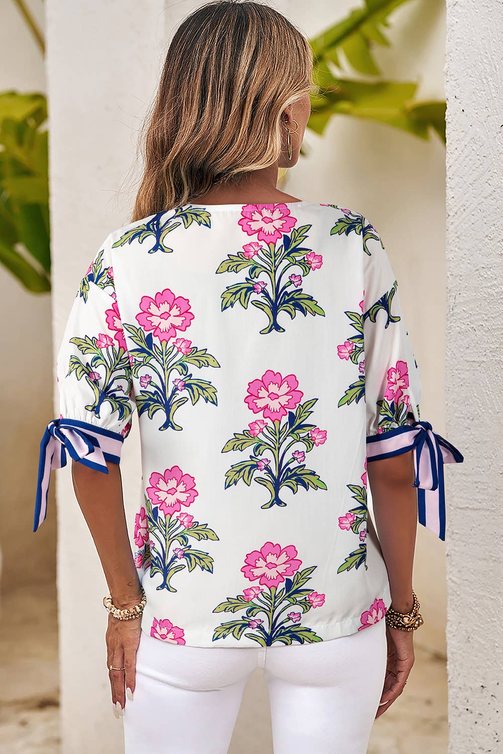 White  LDC Floral Colorblock Stripe Knot Bubble Sleeve Blouse for wholesale on Faire1