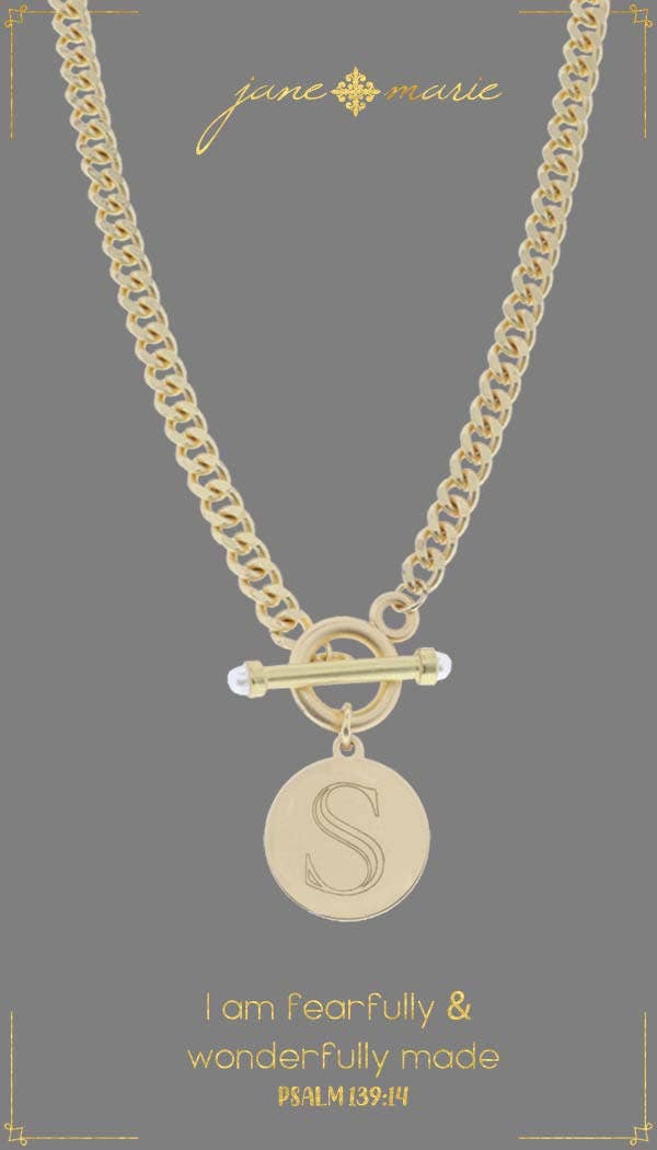 Jane Marie - Wholesale Pendant/Charm Necklace - 18" Engraved Initial "S" with Pearl Toggle Necklace0