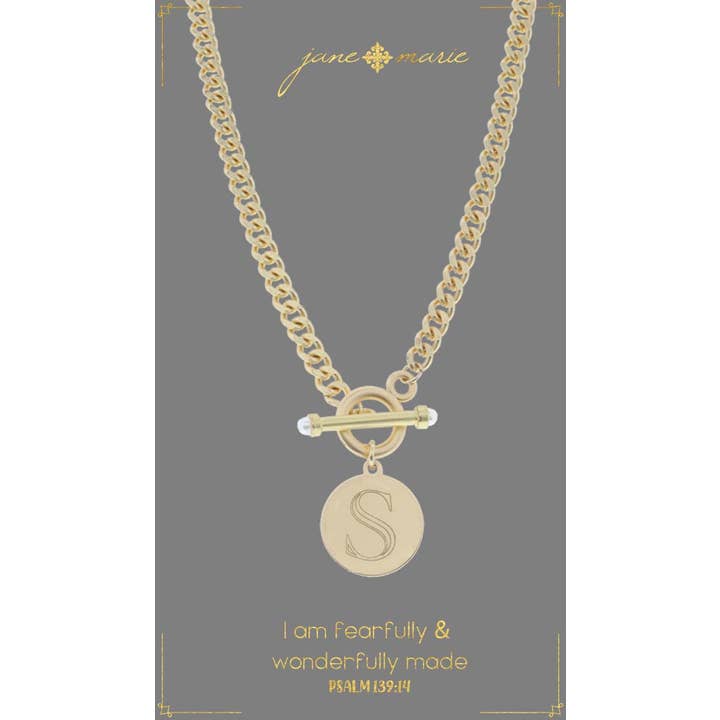 Jane Marie - Wholesale Pendant/Charm Necklace - 18" Engraved Initial "S" with Pearl Toggle Necklace